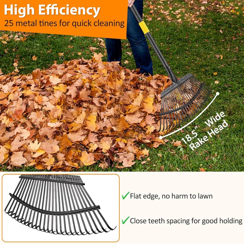 PoPoHoser Rake, Garden Rake for Leaves, Heavy Duty Metal Leaf Rakes with 37-65 inch Adjustable Steel Handle, 25 Tines 18" Wide Rake Garden Tools for Lawns Yard Flower Bed Grass Mulch Shrub Camping Gardening - Image 3